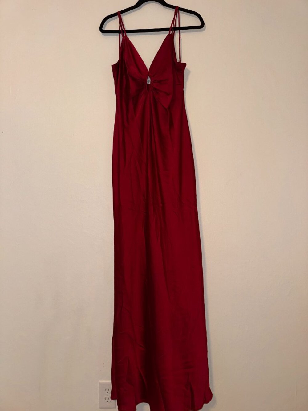 Red Satin Ruched Bust Ring Cutout Maxi Prom Dress
